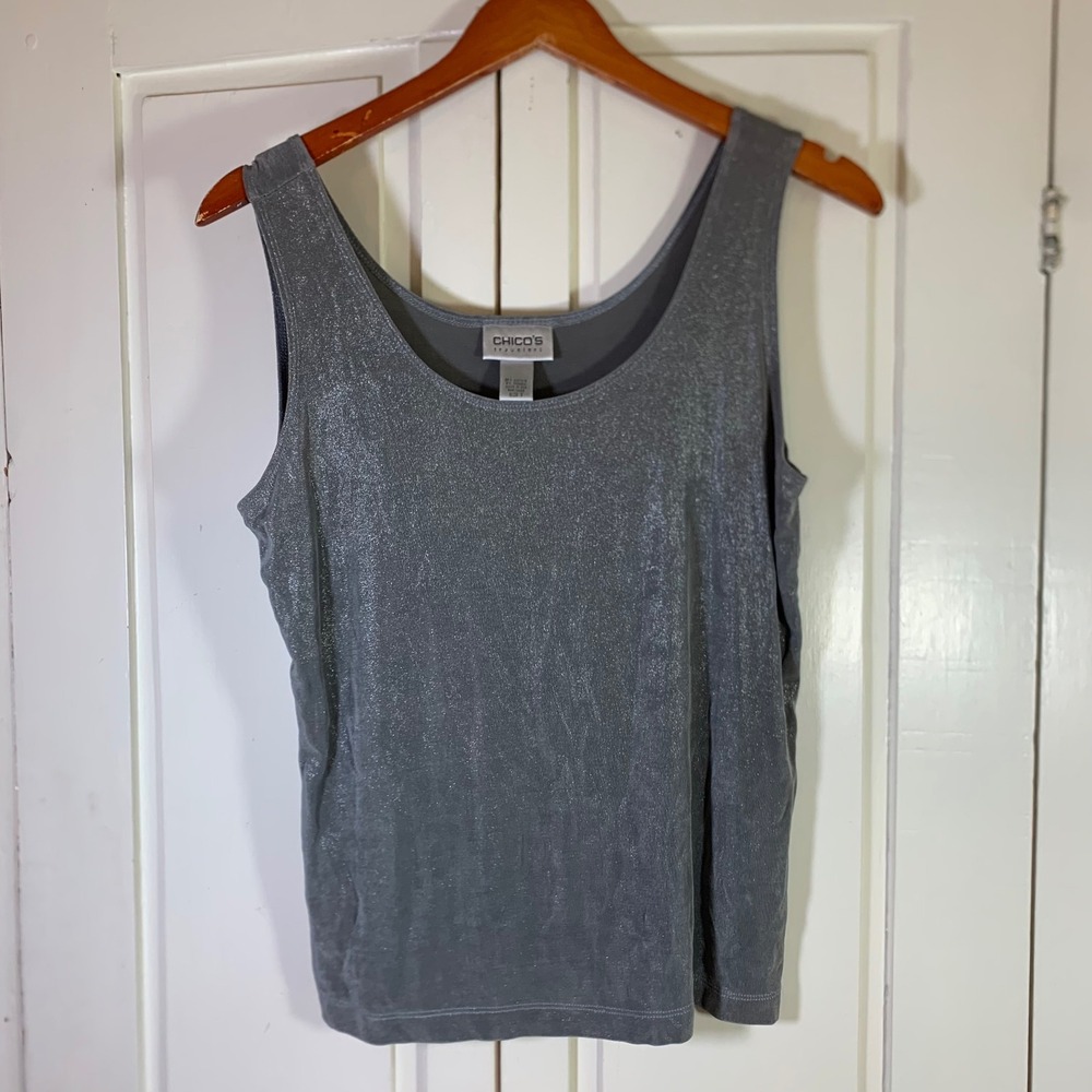 Chico's 2 Travelers Silver Metallic Tank Top Scoop Neck Stretch Large Party